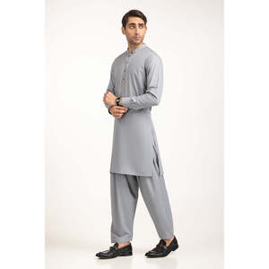 Salwar Kameez gris clair pour homme, élégant, brodé, sans plis, en tissu mélangé, tenue ethnique pakistanaise, vêtement décontracté, Sherwani - Product Image 5