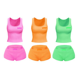 Women's Vintage Spandex/Cotton Knitting Fabric Embroidered Ribbed <b>Above</b>-Knee Anti-Pilling Summer Tracksuit with Short Tops - Product Image 2