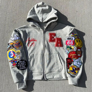 Conjunto de ropa deportiva de gran tamaño de algodón con logotipo bordado personalizado, conjunto de sudaderas con capucha y cremallera con bordado desgastado, chándal para hombre - Product Image 2