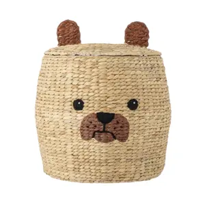 Milo Storage Basket With Lid Kid Toy Storage Bag for Kids Natural Water hyacinth Bear Pattern