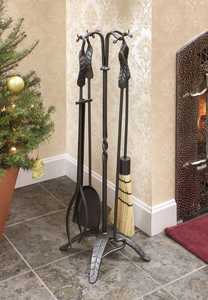 Ensemble d'outils de cheminée à poignée de feuille faite à la main en fer forgé pour outil de cheminée intérieur extérieur ensembles de cheminée de couleur argent et accessoires - Product Image 4