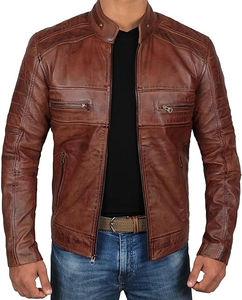 Blouson en cuir pour homme, style motard, le plus vendu, manches longues, en toile enduite, avec fermeture éclair, col montant, teint uni, hiver - Product Image 1