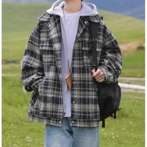 แจ็กเก็ตมีฮู้ดผ้าวูลลายสก็อตสำหรับผู้ชายเสื้อแจ็กเก็ตมอเตอร์ไซค์สไตล์ลำลองทรงหลวมยาวปกติสำหรับฤดูใบไม้ผลิฤดูใบไม้ร่วง - Product Image 6