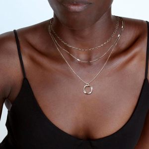 925 посеребренный трехслойный Блестящий Овальный крючок + Плоский длинный стержень + квадратное ожерелье элегантное женское многослойное ювелирное изделие N0613 - Product Image 4