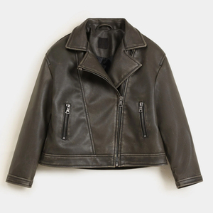แจ็คเก็ตหนังแท้สไตล์นักขี่มอเตอร์ไซค์ ทรงคลาสสิก ซิปหน้าแบบอสมมาตร ดีไซน์เรียบหรู เหมาะสำหรับใส่ลำลอง/สตรีทแวร์ กันน้ำ - Product Image 1