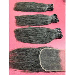 Extensiones de cabello humano sin procesar indio de alta calidad Cierre HD y paquetes crudos de trama gris recta natural - Product Image 1