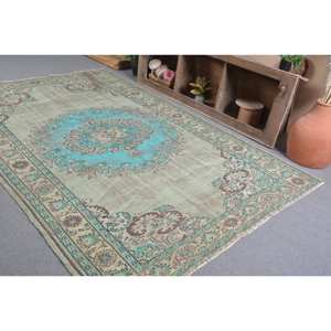 Tapis turc vintage 6.2x9.4 pieds bleu beige laine tissage plat motif patchwork pour salon décor couloir utiliser support en latex - Product Image 4