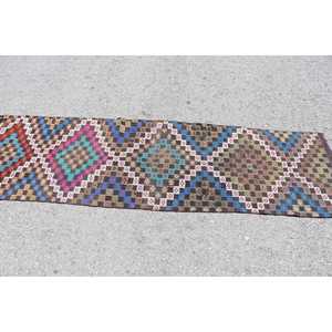 2.3x7.6 ft Rug, Vintage Turkish Rug, <b>Brown</b> Striped <b>Wool</b> Rug - Product Image 3