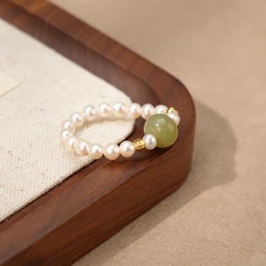 Anneau de serviette ouvert en perles d'eau douce naturelles cultivées à la main et en <span class=keywords><strong>pierre</strong></span> de jade verte pour femmes et filles, cadeau de bijoux bohème chic - Product Image 2