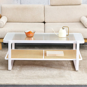 Mesa de centro rectangular minimalista moderna de madera maciza blanca con borde de ratán de imitación de mesa de vidrio de doble capa - Product Image 4