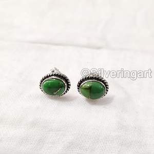 Pendientes de Botón para Mujer, Turquesa Verde Natural, Gema, Navidad, Unisex, Joyería Hecha a Mano, Plata de Ley 925 - Product Image 4