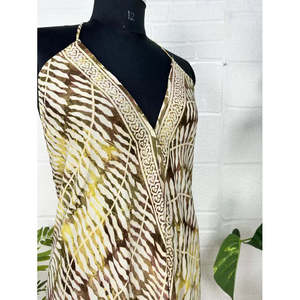 <b>Boho</b> Chic <b>Summer</b> Maxi <b>Dress</b> New Silk Magic Halter Leaf Design Beige Brown One Fits XS Elegant Leisure Beach Club Day Holidays - Product Image 4