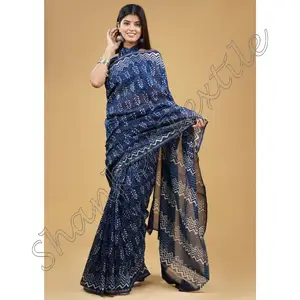 Chanderi Sutra Saree Block Pakaian Pesta Cetak Pernikahan India Saree Sutra Desainer Terbaru dengan Blus Pakaian Wanita