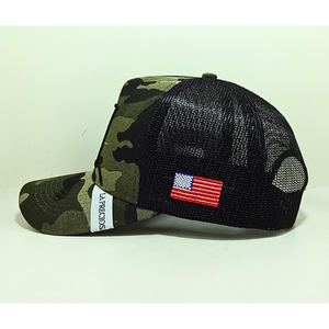 Wholesales 5 Panel Trucker Hat Camo Hunting Snapback Cap Custom <b>Embroidery</b> Woven Logo <b>Material</b> American & Mexico Flag Factory VN - Product Image 3
