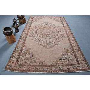 Tapis turc vintage 5.8x9.3ft Beige marron tissage plat laine Patchwork motif pour décor de salon ou couloir support en Latex - Product Image 1