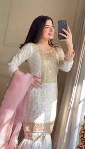 Ensemble Sharara Gharara Salwar Kameez indien, broderie traditionnelle, tenue de soirée d'hiver, ensemble ethnique prêt-à-porter en georgette, 3 pièces - Product Image 2