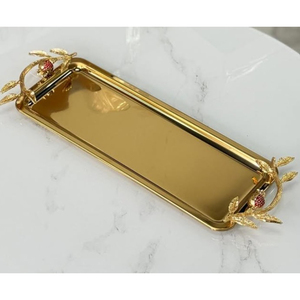 Bandeja de servicio ovalada de acero inoxidable de primera calidad, bandeja decorativa de estilo vintage con asas decorativas de hojas de latón para el hogar y el hotel - Product Image 5