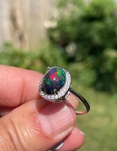 Bague de fiançailles vintage islamique en argent sterling 925, 12x16mm, 5,75 carats, opale ovale naturelle, bon feu, pierre précieuse indienne, sertie en bélière, troisième - Product Image 2