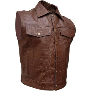 Chaqueta y chaleco de cuero genuino marrón para hombre y mujer, chaquetas de cuero con textura de cocodrilo para hombre, chaleco de motociclista con cierre de botones a presión - Product Image 5