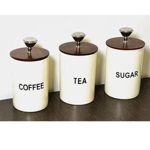 Set of 3 Enamel Metal Iron <b>Sugar</b> <b>Coffee</b> and <b>Tea</b> Storage Jars With Wood Lid Hand Made <b>Canister</b> for Home Hotel Restaurant - Product Image 1