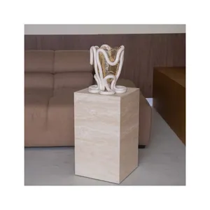 Hot Sale Hotel Furniture Square Cubic Stone Display Marble Plinth Villa Decor Beige Travertine Plinth