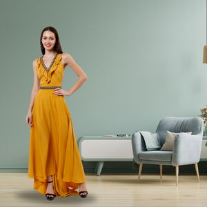 Maxi vestido occidental adornado a mano de Calidad exclusiva con cinturón adornado con clase para uso en fiestas y bodas - Product Image 4