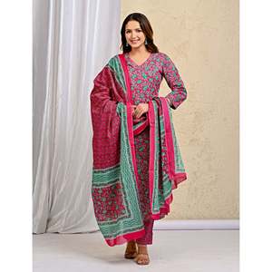 Pink Hand-Drawn Jaal Block Printed Cotton Kurta Pant Set Mulmul Dupatta Ethnic Indian Salwar Kameez for Occasions <b>Net</b> <b>Fabric</b> - Product Image 3