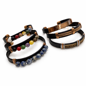 Handmade Stainless Steel Wedding <b>Bracelets</b> Leather Cord Adjustable <b>Beaded</b> Cuff for <b>Men</b> Women Wholesale Export Bulk Supply Agate - Product Image 1