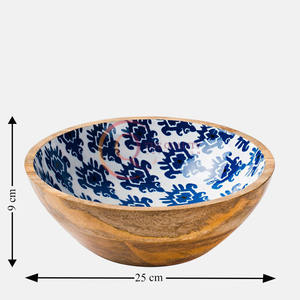 Bol en bois fabriqué à la main rustique naturel chaud couleur marron grain de bois visible complexe vibrant bleu blanc motif géométrique floral - Product Image 5