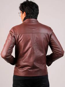 <b>Mens</b> Brown Leather <b>Jacket</b> Real Lambskin Stand Collar Breathable Zip Casual <b>Trucker</b> Style Fall Winter Outerwear Fashion - Product Image 5