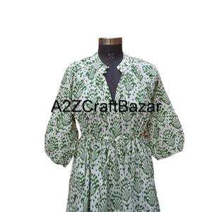 Vestido Midi Boho Himanshi con Cuello en V, 100% Algodón Puro, Estampado Floral, Informal, para Uso Diario, Lavado a Seco, Transpirable, Natural, Holgado - Product Image 3