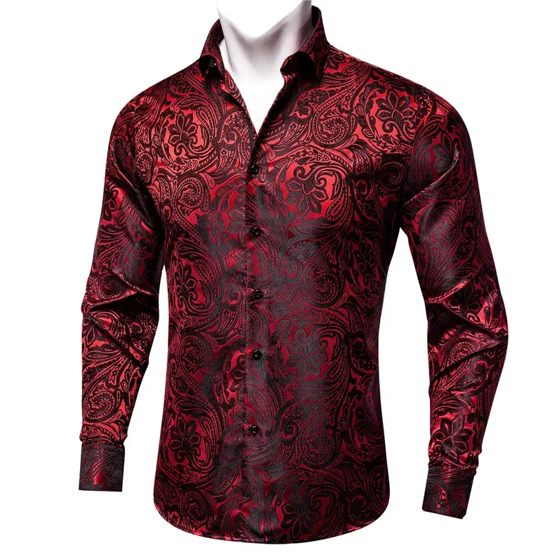 Plus Size Men's Red Paisley Dress Shirt Button Down Casual Long Sleeve Jacquard Woven Flower Silk Shirt Prom Wedding