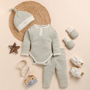 <b>Cot</b> and Candy Premium Quality Organic Bamboo Elastane Sage Stripe Beanie <b>Baby</b> Clothing <b>Sets</b> Pack of 5 - Product Image 1