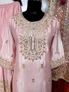 Chinon <b>Silk</b> Sequence Embroidery Work Top With Full Sleeve and Sharara With <b>Organza</b> Sequence Embroidered Lace Work Dupatta - Product Image 3