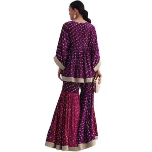 Purple Crepe Bandhani Print Kurta Sharara Set con Zari Borders y Dupatta para fiesta festiva Wedding Indian Wear - Product Image 5
