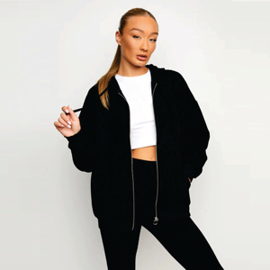 เสื้อฮู้ดดี้ผู้หญิงแบบซิปเต็มตัว สีดำ ลายวาฟเฟิล ผลิตจากวัสดุ 69% วิสโคส 26% โพลีเอสเตอร์ 5% อีลาสเทน เหมาะสำหรับใส่พักผ่อน - Product Image 4