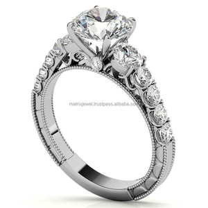 Conjunto de pavé de joyería fina clásica, compromiso redondo, anillo de promesa de moissanita plateada, colección de bodas para mujer - Product Image 3