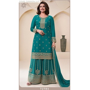 Salwar en soie chinon avec broderie lourde de créateur et dupatta, tenue de mariage par Maruti Fashion - Product Image 1