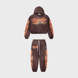 Conception de logo personnalisé imprimé couleur unie tendance régulier ajusté respirant deux pièces ensembles pull à capuche et pantalon de jogging - Product Image 3