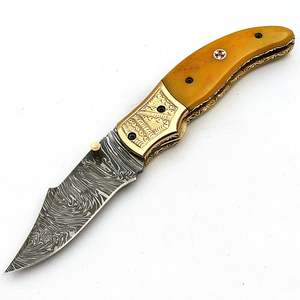 Cuchillo plegable de Damasco hecho a mano personalizado, cuchillo de bolsillo con mango de hueso de camello amarillo, Funda de cuero, soporte OEM, Material de hoja de acero - Product Image 2