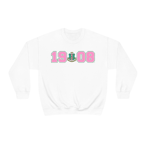 Sudadera con cuello redondo AKA 1908 Year Crest, color rosa claro con letras griegas verdes y blancas, suéter de lana para hermandad - Product Image 1