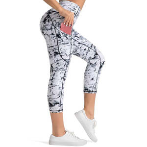 Legging capri taille haute pour femmes pantalon de yoga imprimé tie dye solide respirant avec fermeture élastique au genou - Product Image 4