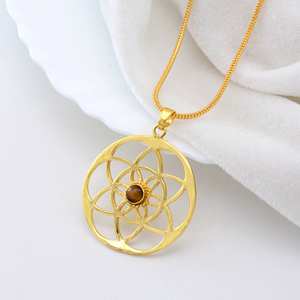 Colgante de latón de Chakra, collar de Geometría Sagrada chapado en oro, joyería curativa de ojo de tigre, colgante de energía de Mandala para mujer - Product Image 3
