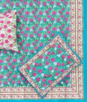Turquoise bleu rose Floral reine-taille ensemble de literie 100% coton classique décor vibrant taies d'oreiller assorties Textile écologique