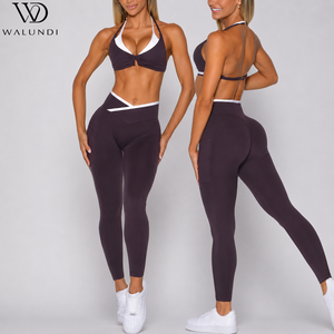 Conjunto de Ropa de Yoga Sexy con Cuello Halter para Mujer, Leggings con Cintura en V, Bolsillos Laterales, Ribete en Contraste, Conjunto de 2 Piezas para Gimnasio y Entrenamiento, Logotipo Personalizado - Product Image 3