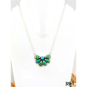 Collier fleur en turquoise et argent sterling style sud-ouest avec incrustation sertie clos de patinage - Product Image 1