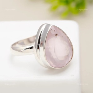 Bague en argent sterling 925 avec quartz rose naturel serti clos, pierre de naissance de janvier, forme poire, cadeau de mariage, bijou - Product Image 1