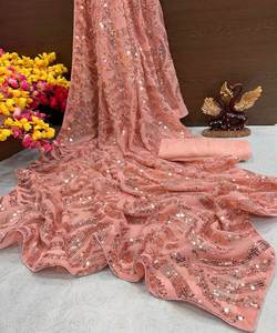 Fabuleux nouveau concepteur fleur imprimé Georgette Saree avec belle blouse de couleur rose non cousue pour femme indienne ethnique - Product Image 6