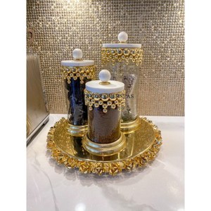 Elegant Look High Grade Gold Plated Metal Unique Designer Clear <b>Glass</b> Bakhoor & Other Items <b>Storage</b> Canister With Marble Top Lid - Product Image 1