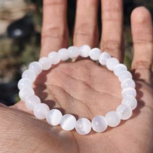 Natural Stone 8mm Healing Crystal Selenite Stone Round Beads Elastic Bracelet - Product Image 2